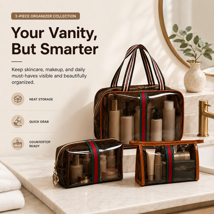 3-Piece Vintage Cosmetic Bag Set – Large Capacity Waterproof Makeup & Toiletry Organizer for Travel