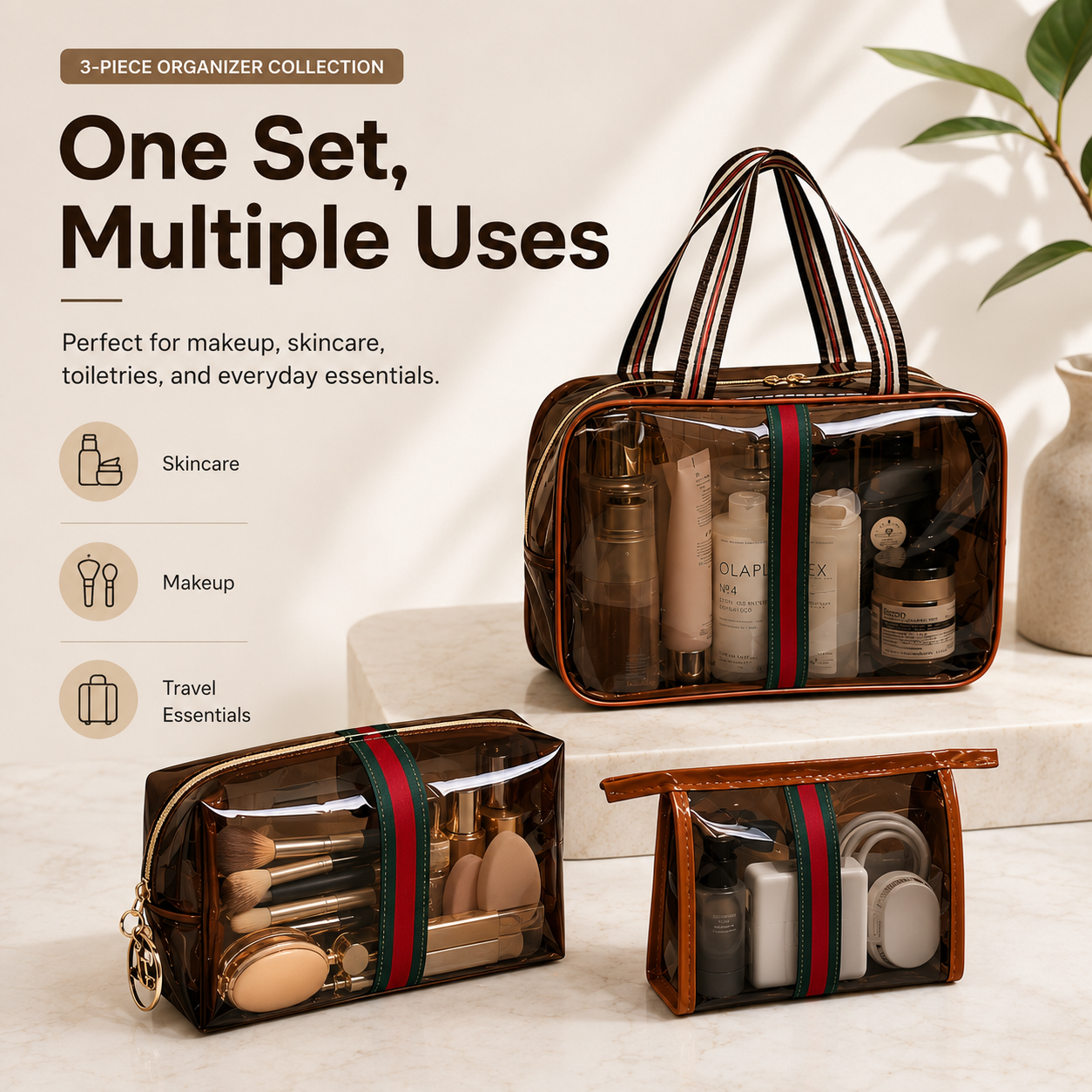 3-Piece Vintage Cosmetic Bag Set – Large Capacity Waterproof Makeup & Toiletry Organizer for Travel