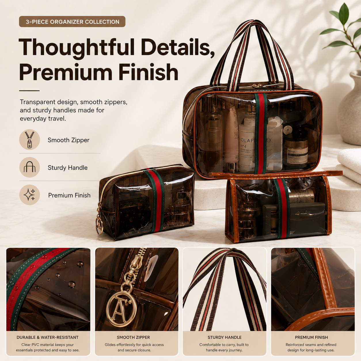 3-Piece Vintage Cosmetic Bag Set – Large Capacity Waterproof Makeup & Toiletry Organizer for Travel