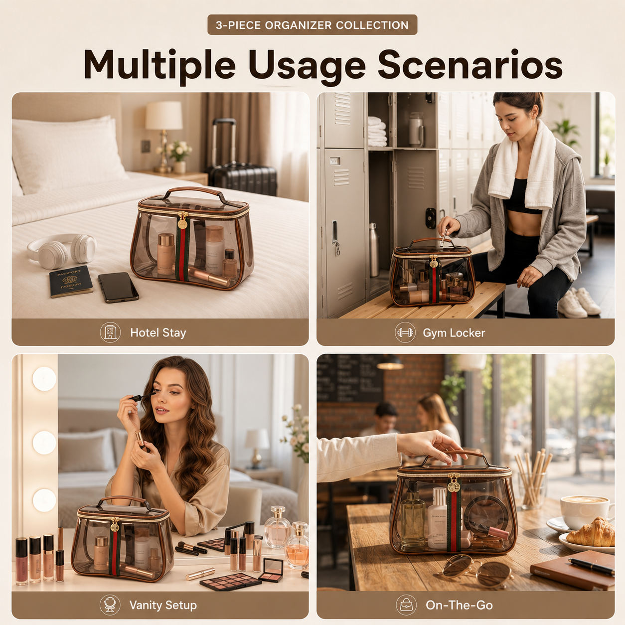 3-Piece Vintage Cosmetic Bag Set – Large Capacity Waterproof Makeup & Toiletry Organizer for Travel