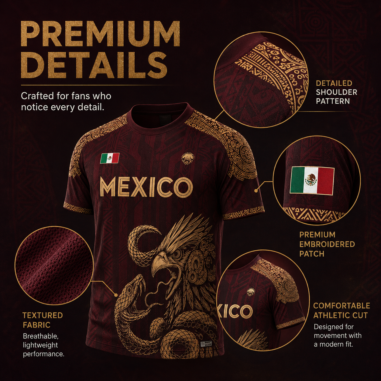 2026 Mexico Aztec Eagle Soccer Jersey – Burgundy & Gold Mexican Pride Football Shirt, Vintage Futbol Fan Tee, Unisex Short Sleeve Sports Top