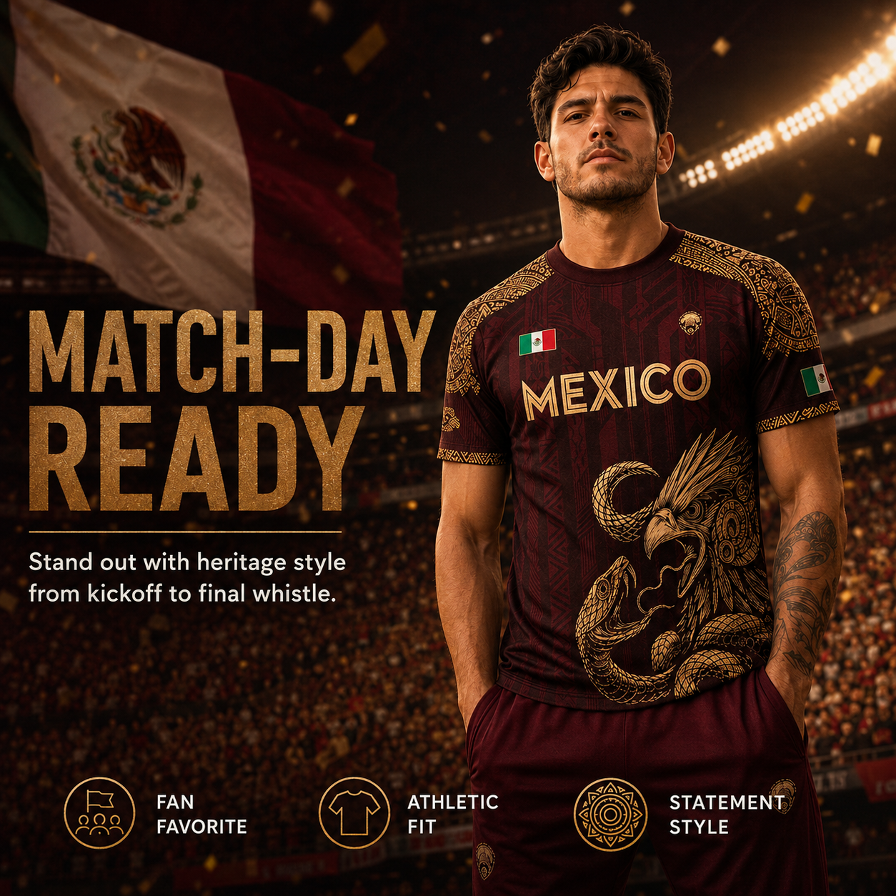 2026 Mexico Aztec Eagle Soccer Jersey – Burgundy & Gold Mexican Pride Football Shirt, Vintage Futbol Fan Tee, Unisex Short Sleeve Sports Top