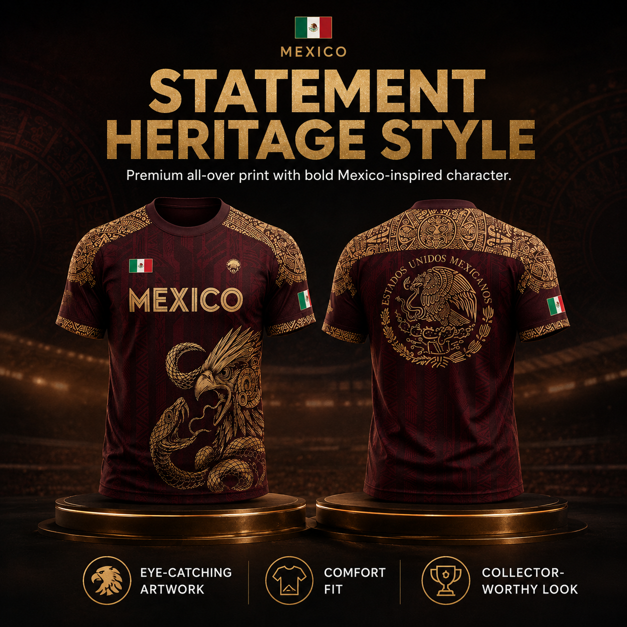 2026 Mexico Aztec Eagle Soccer Jersey – Burgundy & Gold Mexican Pride Football Shirt, Vintage Futbol Fan Tee, Unisex Short Sleeve Sports Top