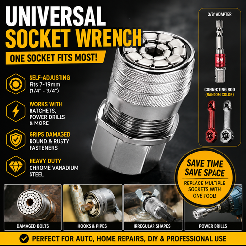 Universal Socket Wrench Tool – Self-Adjusting Multi-Size Socket for Ratchets & Power Drills | Heavy-Duty Repair Tool Gift for Men