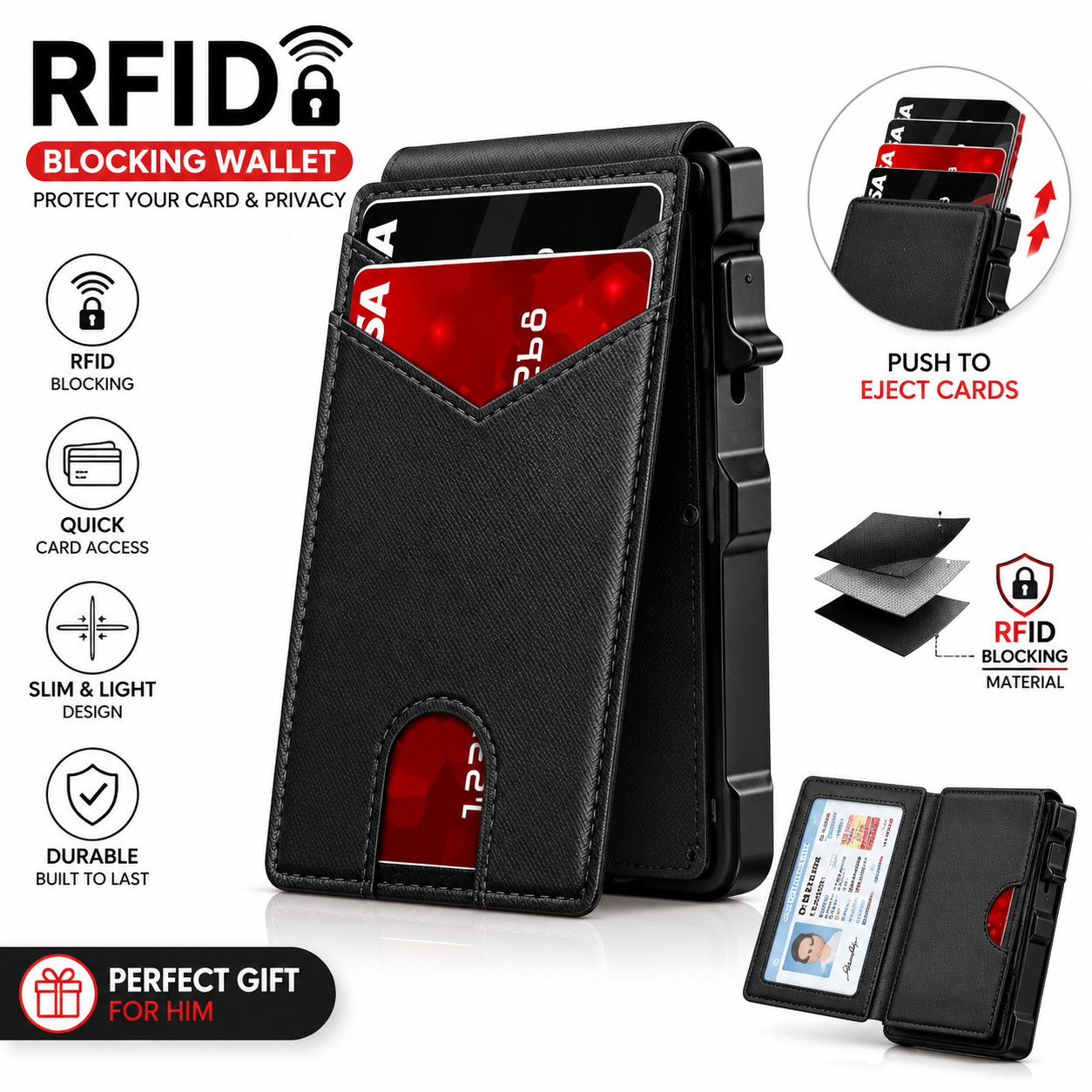 🔐 RFID Blocking Minimalist Pop-Up Wallet | One-Second Card Eject Design & Ultra Slim Pocket Wallet.