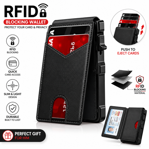 🔐 RFID Blocking Minimalist Pop-Up Wallet | One-Second Card Eject Design & Ultra Slim Pocket Wallet.