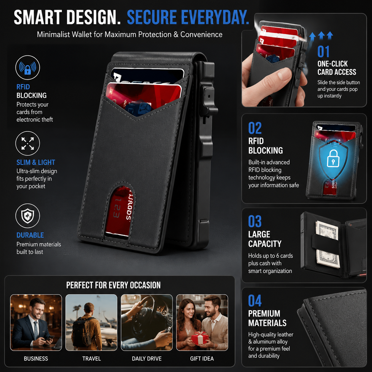 🔐 RFID Blocking Minimalist Pop-Up Wallet | One-Second Card Eject Design & Ultra Slim Pocket Wallet.