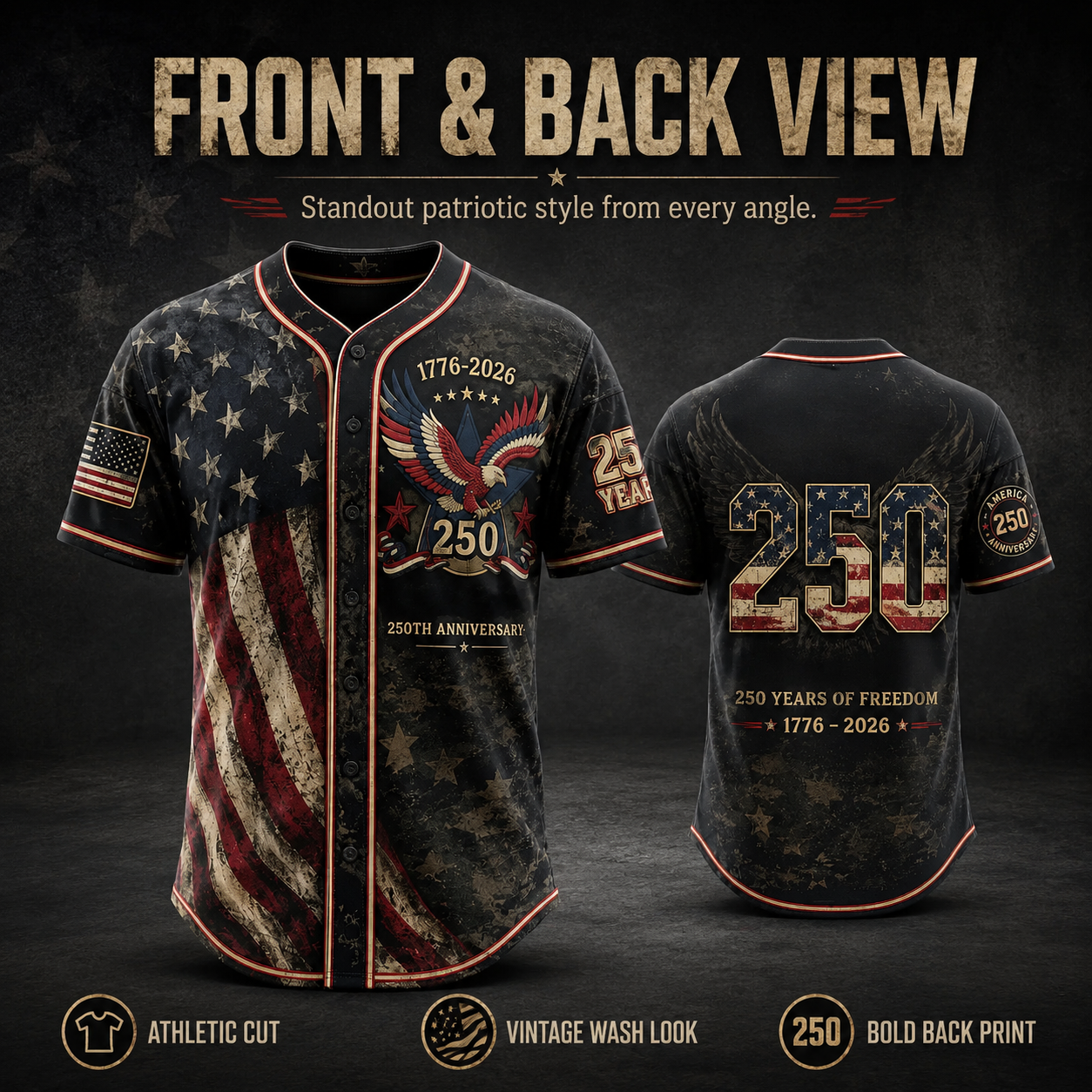 America 250th Anniversary Baseball Jersey – 1776-2026 USA Patriotic Button-Up Shirt | Vintage Stars & Stripes Freedom Jersey for 4th of July, Game Day & Everyday Wear