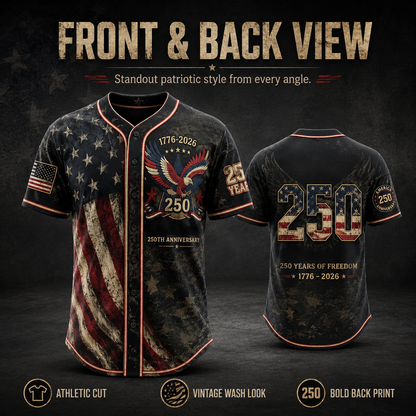 America 250th Anniversary Baseball Jersey – 1776-2026 USA Patriotic Button-Up Shirt | Vintage Stars & Stripes Freedom Jersey for 4th of July, Game Day & Everyday Wear
