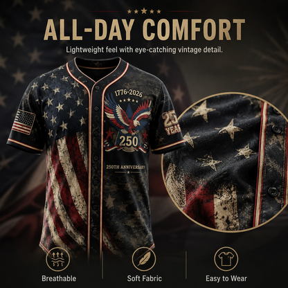 America 250th Anniversary Baseball Jersey – 1776-2026 USA Patriotic Button-Up Shirt | Vintage Stars & Stripes Freedom Jersey for 4th of July, Game Day & Everyday Wear