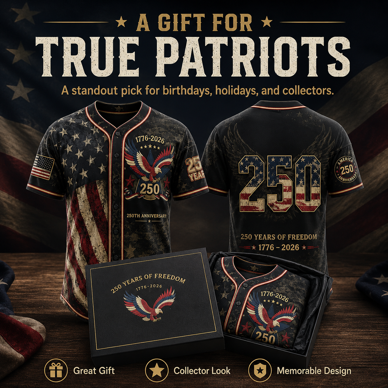 America 250th Anniversary Baseball Jersey – 1776-2026 USA Patriotic Button-Up Shirt | Vintage Stars & Stripes Freedom Jersey for 4th of July, Game Day & Everyday Wear
