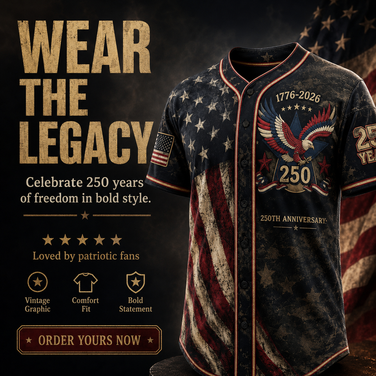 America 250th Anniversary Baseball Jersey – 1776-2026 USA Patriotic Button-Up Shirt | Vintage Stars & Stripes Freedom Jersey for 4th of July, Game Day & Everyday Wear