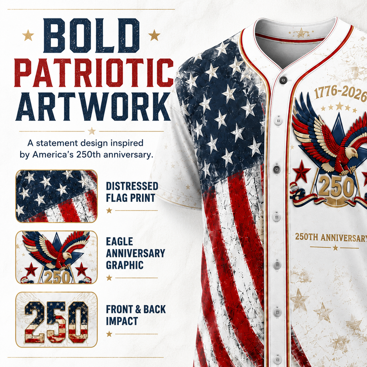 America 250th Anniversary Baseball Jersey – 1776-2026 USA Patriotic Button-Up Shirt | Vintage Stars & Stripes Freedom Jersey for 4th of July, Game Day & Everyday Wear