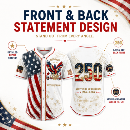 America 250th Anniversary Baseball Jersey – 1776-2026 USA Patriotic Button-Up Shirt | Vintage Stars & Stripes Freedom Jersey for 4th of July, Game Day & Everyday Wear