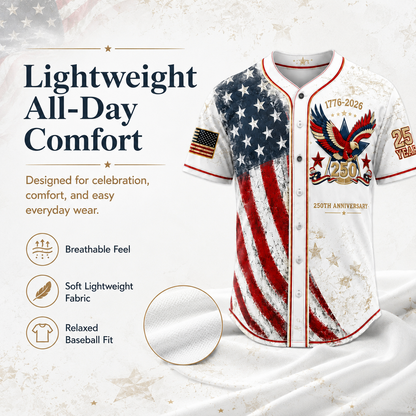 America 250th Anniversary Baseball Jersey – 1776-2026 USA Patriotic Button-Up Shirt | Vintage Stars & Stripes Freedom Jersey for 4th of July, Game Day & Everyday Wear