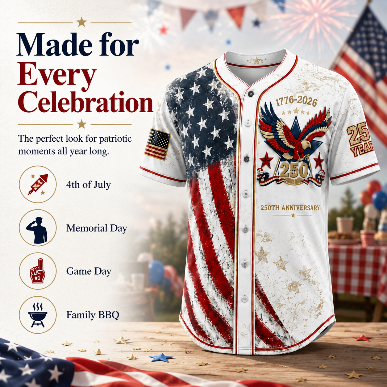 America 250th Anniversary Baseball Jersey – 1776-2026 USA Patriotic Button-Up Shirt | Vintage Stars & Stripes Freedom Jersey for 4th of July, Game Day & Everyday Wear