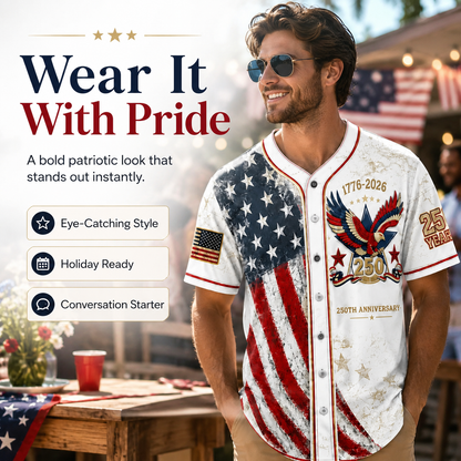 America 250th Anniversary Baseball Jersey – 1776-2026 USA Patriotic Button-Up Shirt | Vintage Stars & Stripes Freedom Jersey for 4th of July, Game Day & Everyday Wear