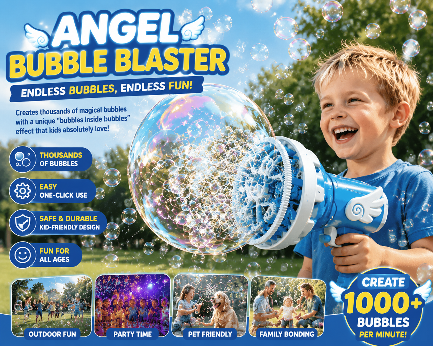🫧 Angel Bubble Blaster – Bubbles Inside Bubbles Magic Bubble Gun for Kids Outdoor Fun, Party & Family Entertainment