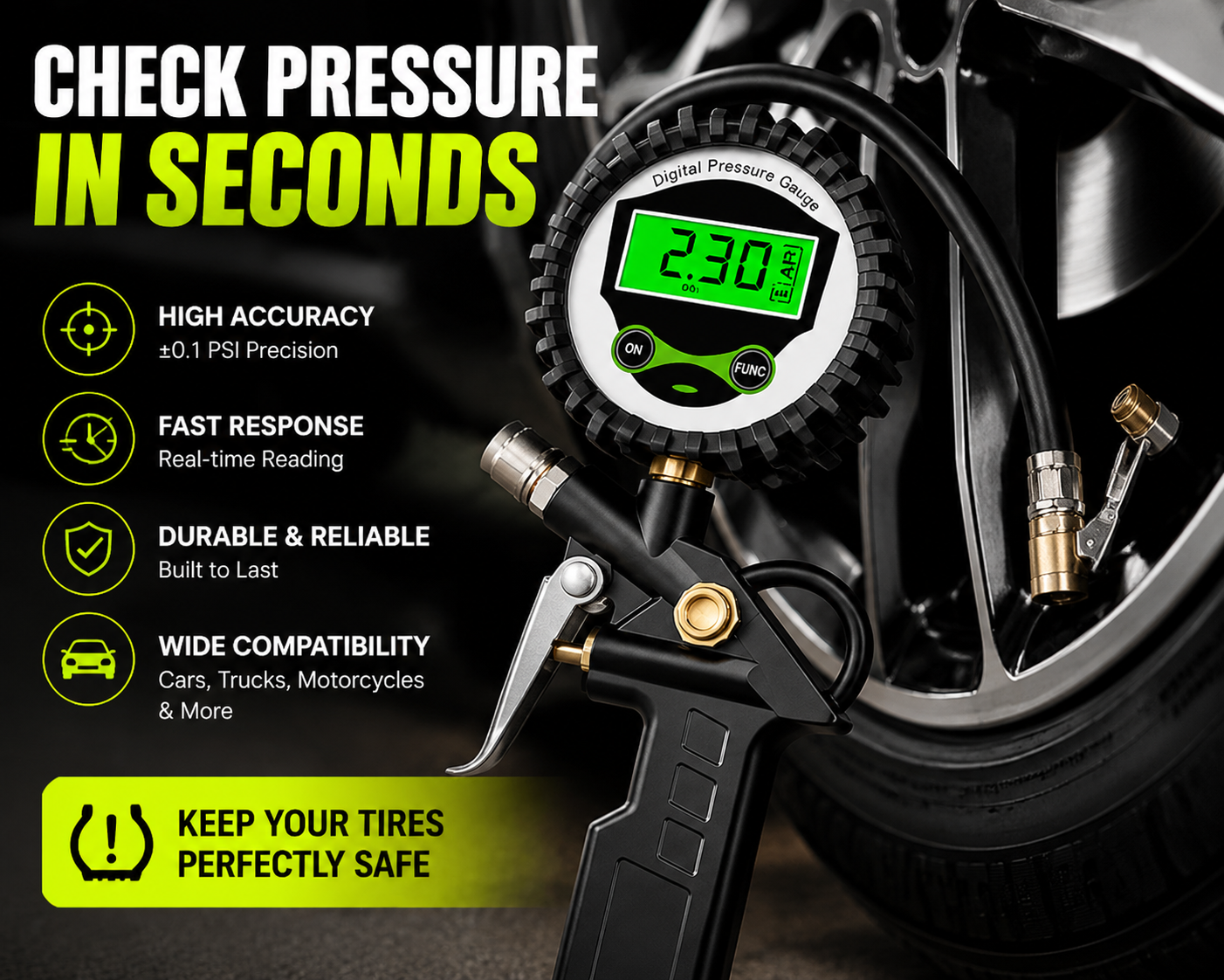 🔧 Digital Tire Pressure Gauge Gun – Accurate LCD Air Pressure Tester for Cars, Trucks & Motorcycles