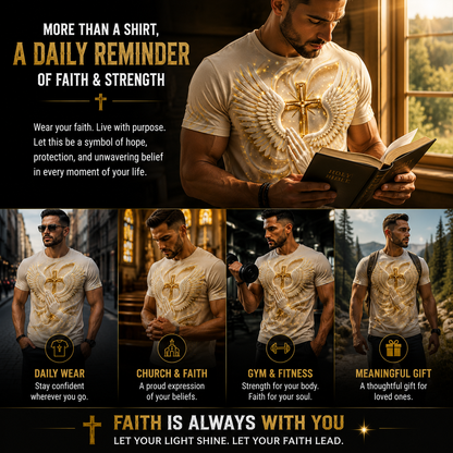 ✝️ Angel Wings Prayer Cross T-Shirt – Faith Inspired 3D Spiritual Graphic Tee for Men