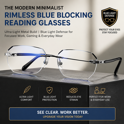 Frameless Blue Blocking Reading Glasses, Ultra-Light Metal Build, Blue Light Defense for Focused Work, Gaming & Everyday Wear