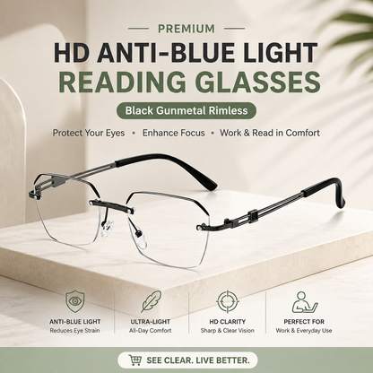 Frameless Blue Blocking Reading Glasses, Ultra-Light Metal Build, Blue Light Defense for Focused Work, Gaming & Everyday Wear