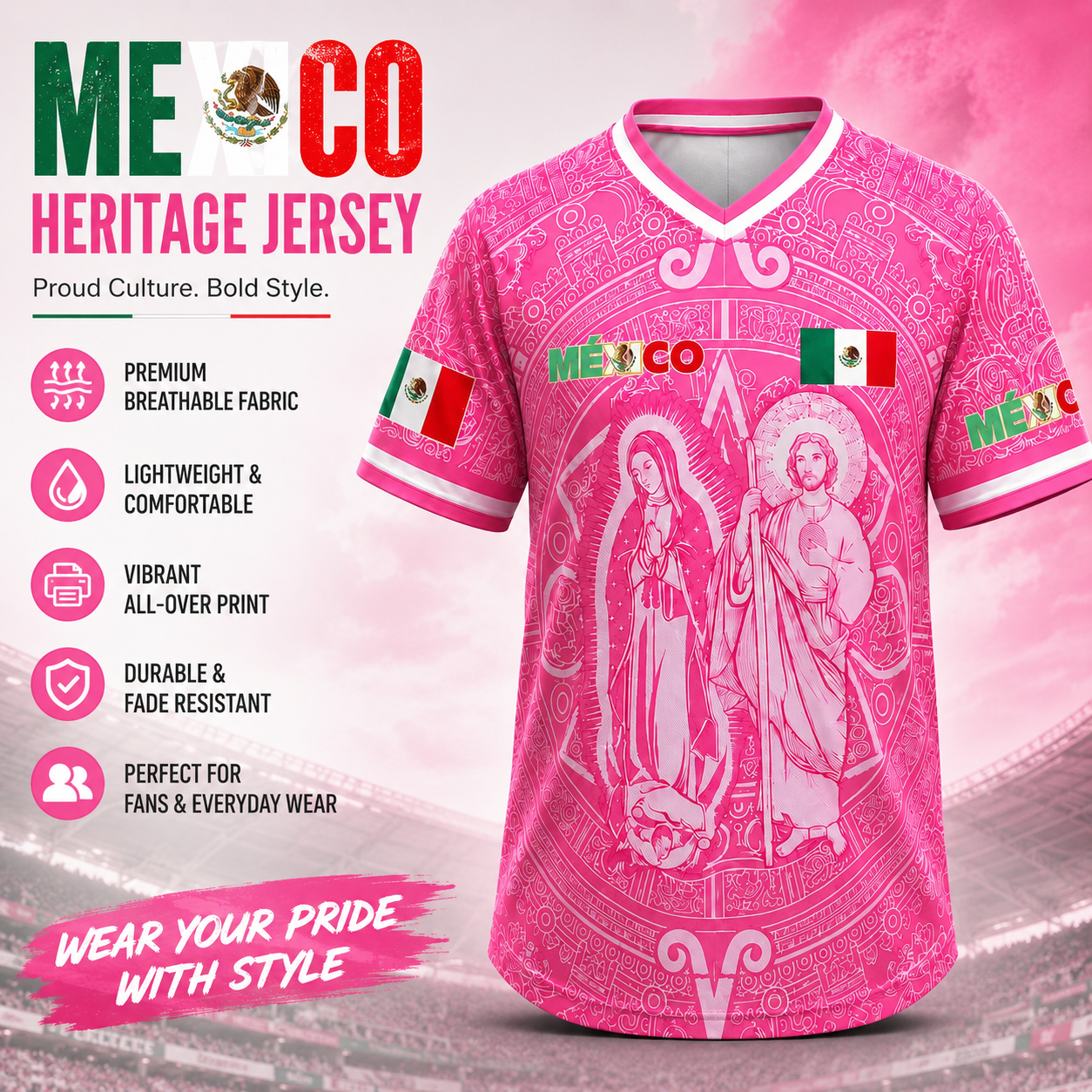 Men's Light Pink Virgencita & San Juditas Mexico 2026 Soccer Jersey, Mens Clothing, 2026 Soccer Fan Shirt, Casual Mexican Culture Sports Jersey, Mexico 2026 Jersey