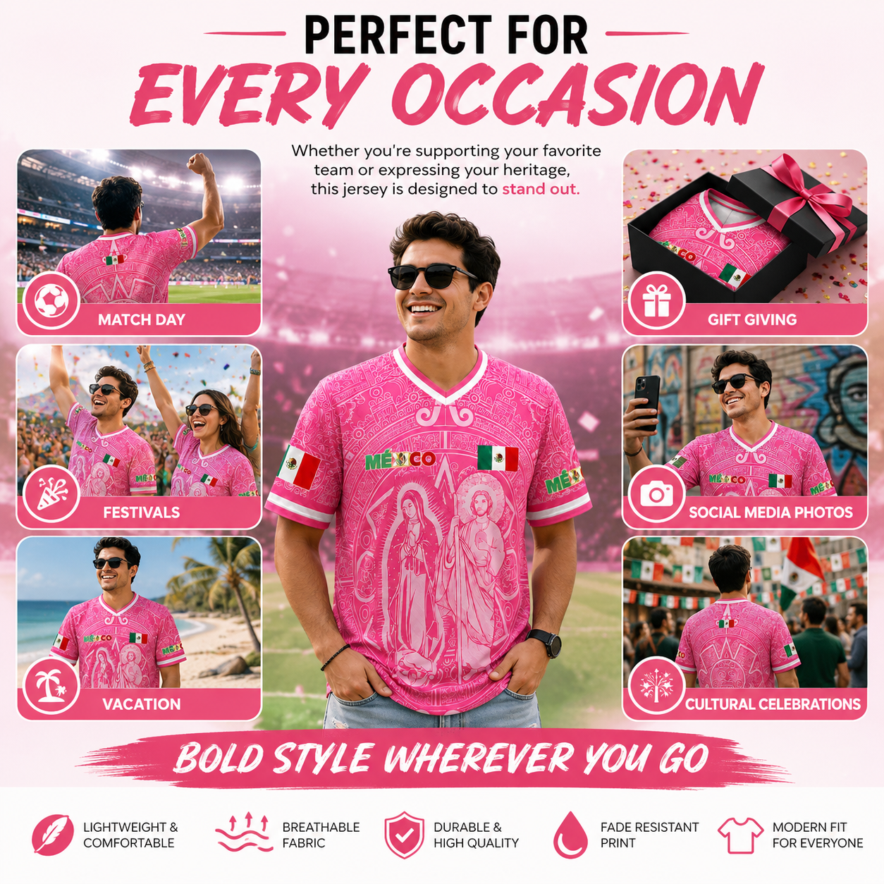 Men's Light Pink Virgencita & San Juditas Mexico 2026 Soccer Jersey, Mens Clothing, 2026 Soccer Fan Shirt, Casual Mexican Culture Sports Jersey, Mexico 2026 Jersey