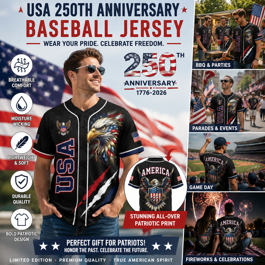 🦅 Patriotic USA All-Over Print Baseball Jersey — America 250th Semiquincentennial Edition (1776–2026) 🇺🇸