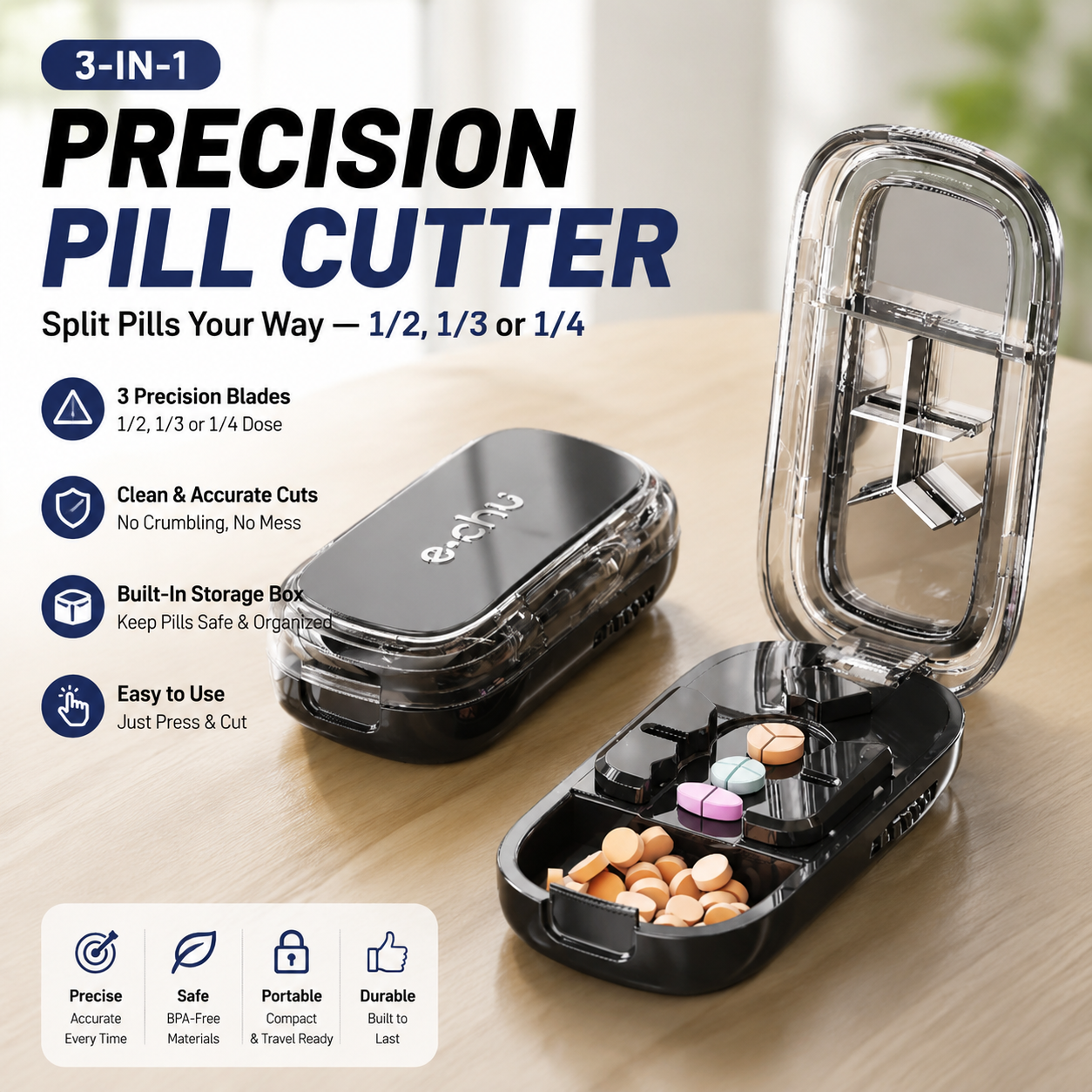 💊 3-In-1 Pill Cutter With Storage Case – Precision Tablet Splitter.