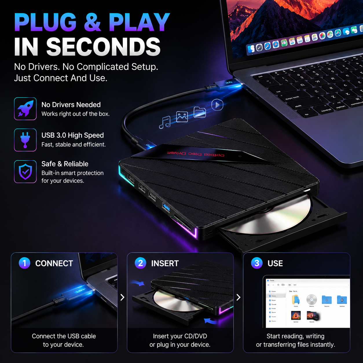 🔥 50% OFF TODAY |⚡ 7-in-1 RGB External Disc Drive Hub – USB Expansion & Card Reader