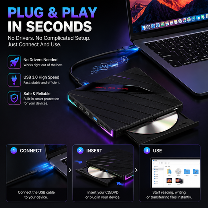 🔥 50% OFF TODAY |⚡ 7-in-1 RGB External Disc Drive Hub – USB Expansion & Card Reader