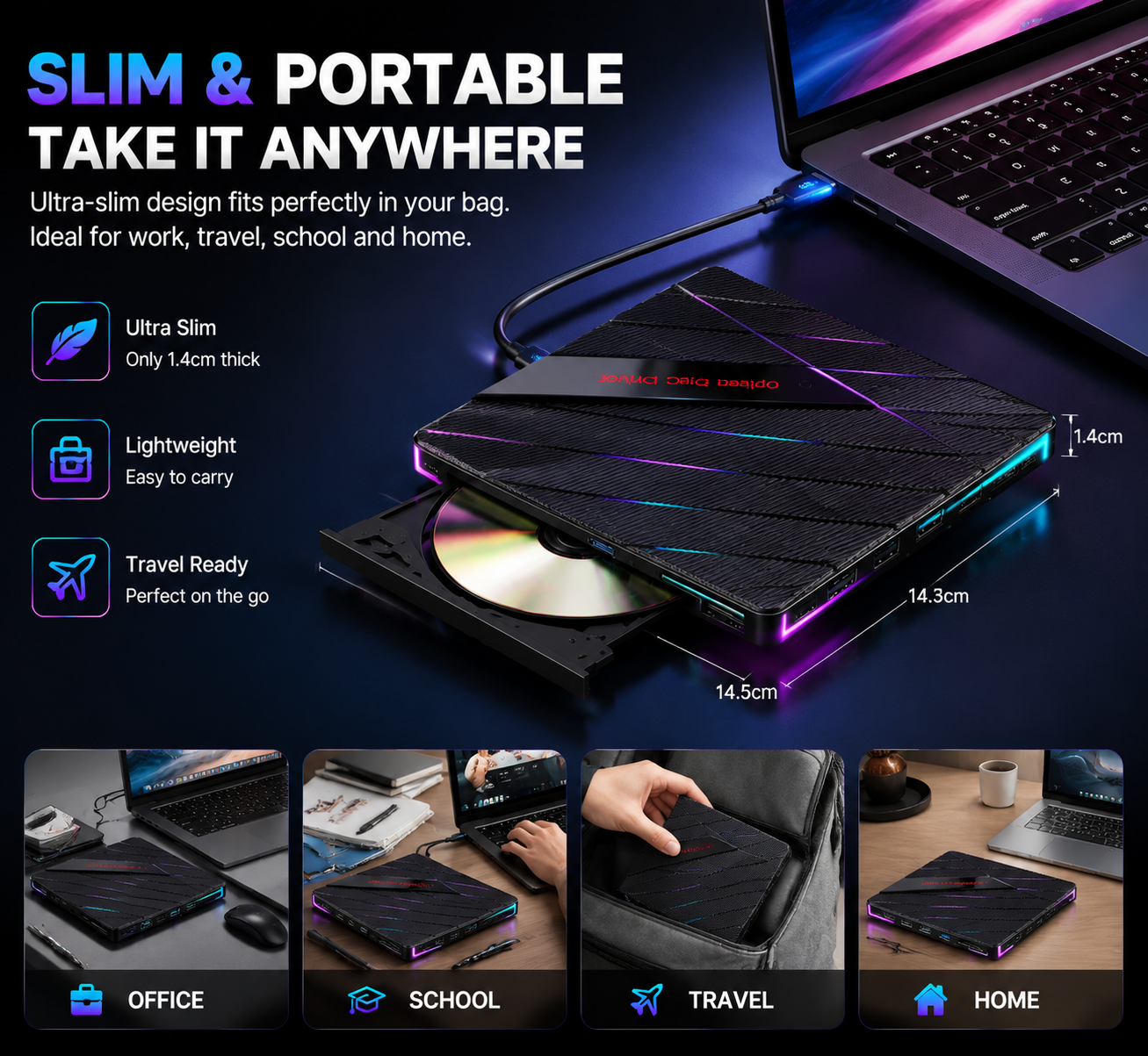 🔥 50% OFF TODAY |⚡ 7-in-1 RGB External Disc Drive Hub – USB Expansion & Card Reader