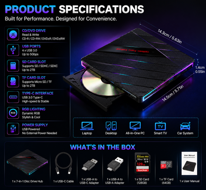 🔥 50% OFF TODAY |⚡ 7-in-1 RGB External Disc Drive Hub – USB Expansion & Card Reader