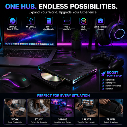 🔥 50% OFF TODAY |⚡ 7-in-1 RGB External Disc Drive Hub – USB Expansion & Card Reader