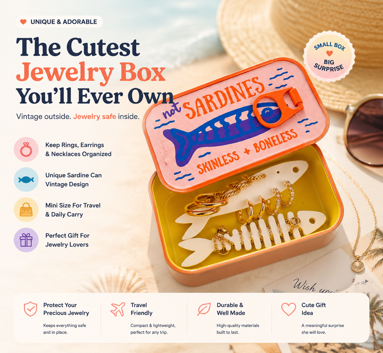 🐟 Vintage Sardine Tin Jewelry Box – Cute Mini Travel Jewelry Organizer