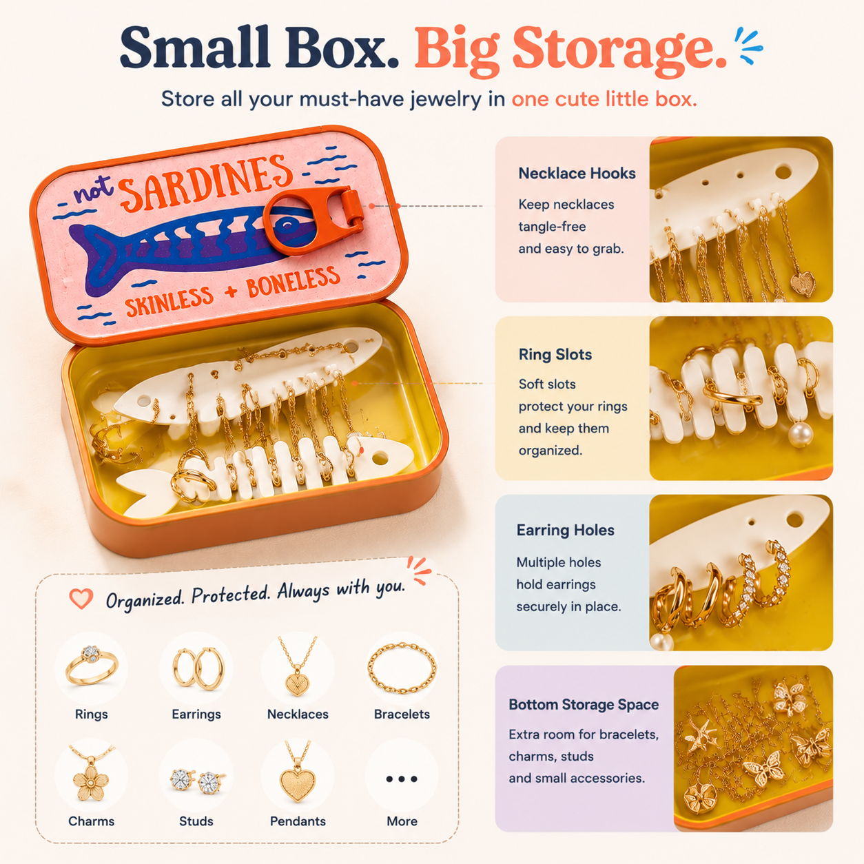 🐟 Vintage Sardine Tin Jewelry Box – Cute Mini Travel Jewelry Organizer