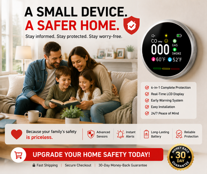 🚨 Smart 6-in-1 Gas Detector – CO Smoke & Gas Leak Alarm With LCD Display