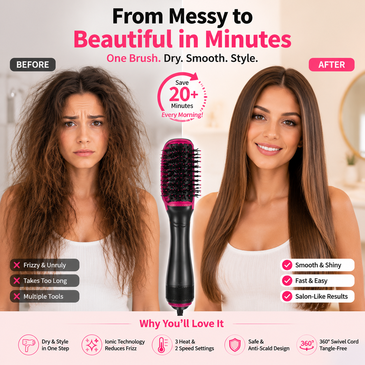💇‍♀️ One-Step Hair Dryer Brush – 3-in-1 Blow Dryer & Styler For Smooth Frizz-Free Salon Hair