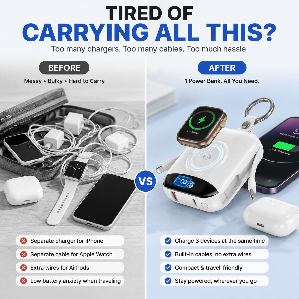 🔥 Hot sell 50% OFF-🔋 10,000mAh 3-in-1 Magnetic Power Bank with Built-In Cables
