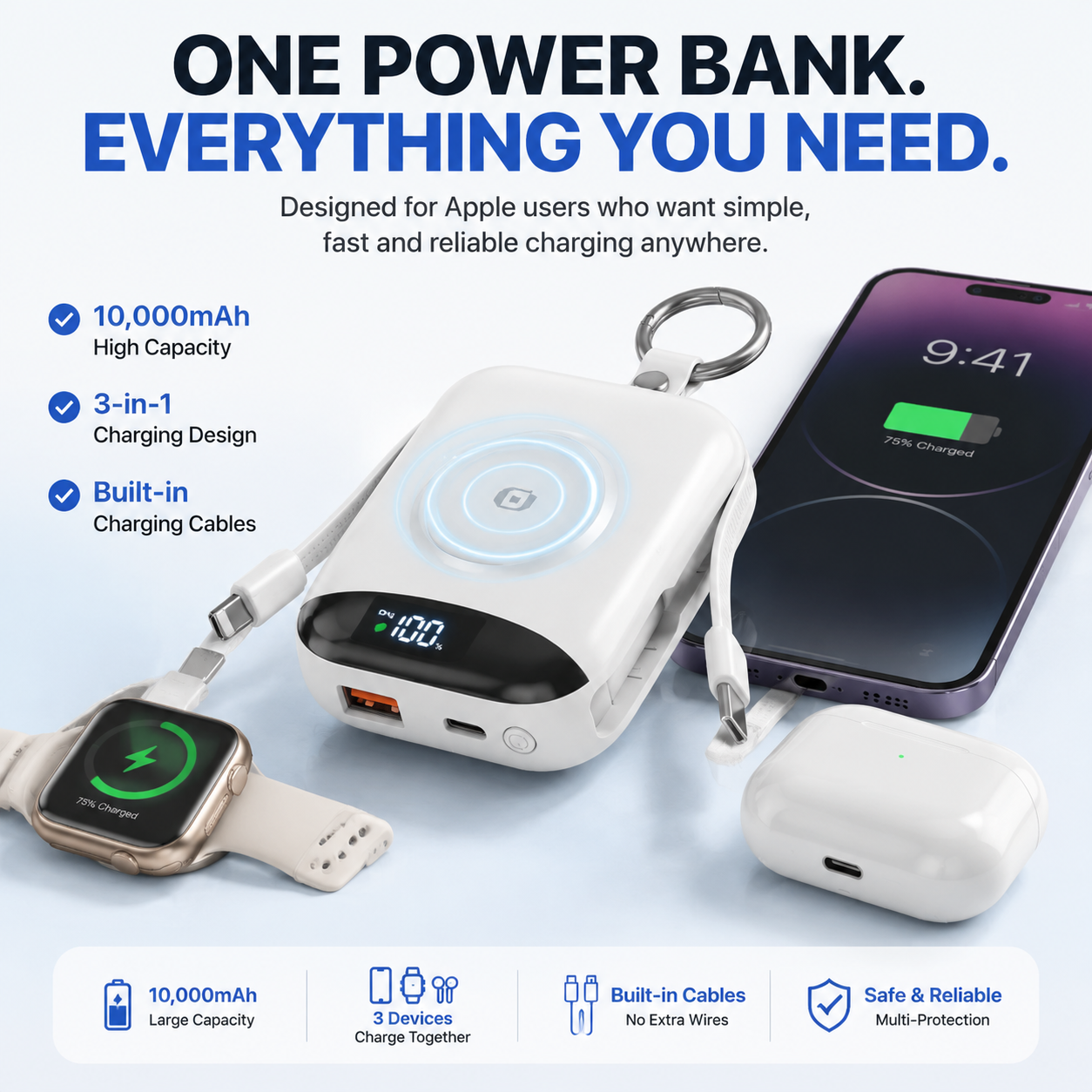 🔥 Hot sell 50% OFF-🔋 10,000mAh 3-in-1 Magnetic Power Bank with Built-In Cables
