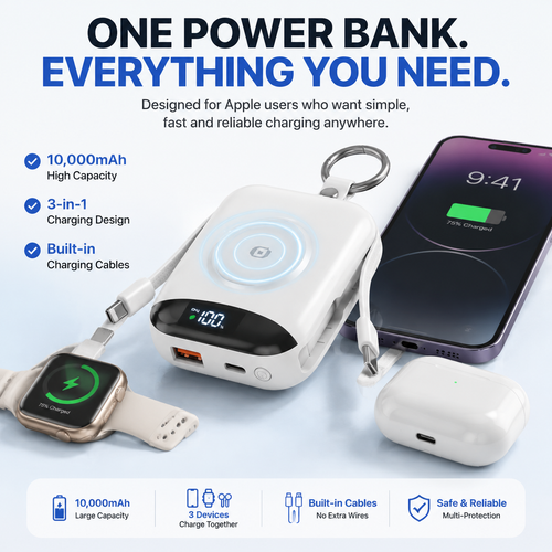 🔥 Hot sell 50% OFF-🔋 10,000mAh 3-in-1 Magnetic Power Bank with Built-In Cables