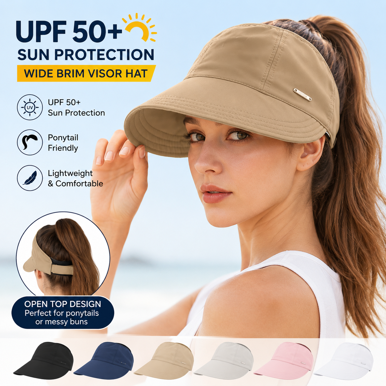 UPF 50+ Wide Brim Sun Visor Hat – Open Top UV Protection for Beach & Golf