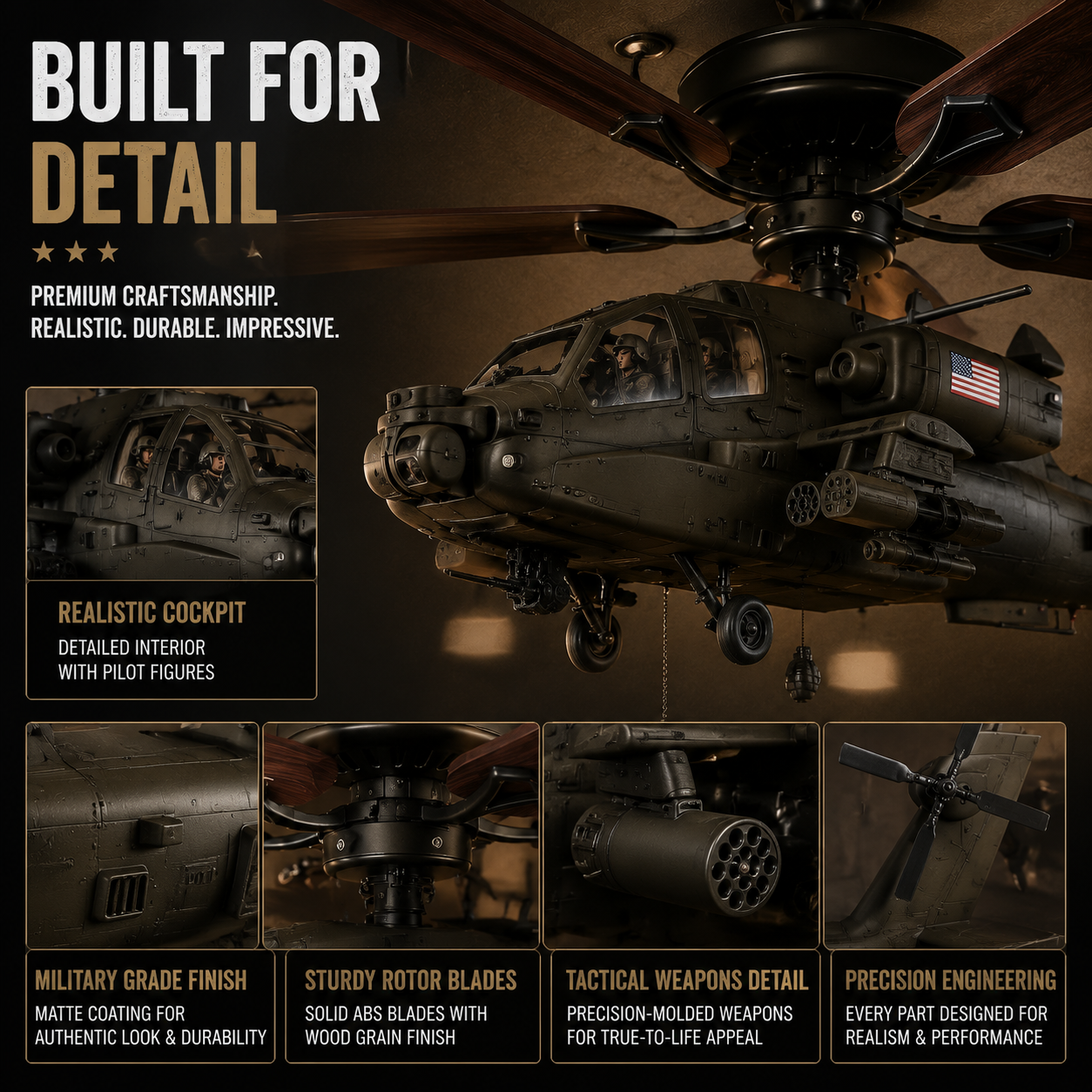🚁 Military Helicopter Ceiling Fan Decor – Realistic Hanging Ornament for Man Cave & Home