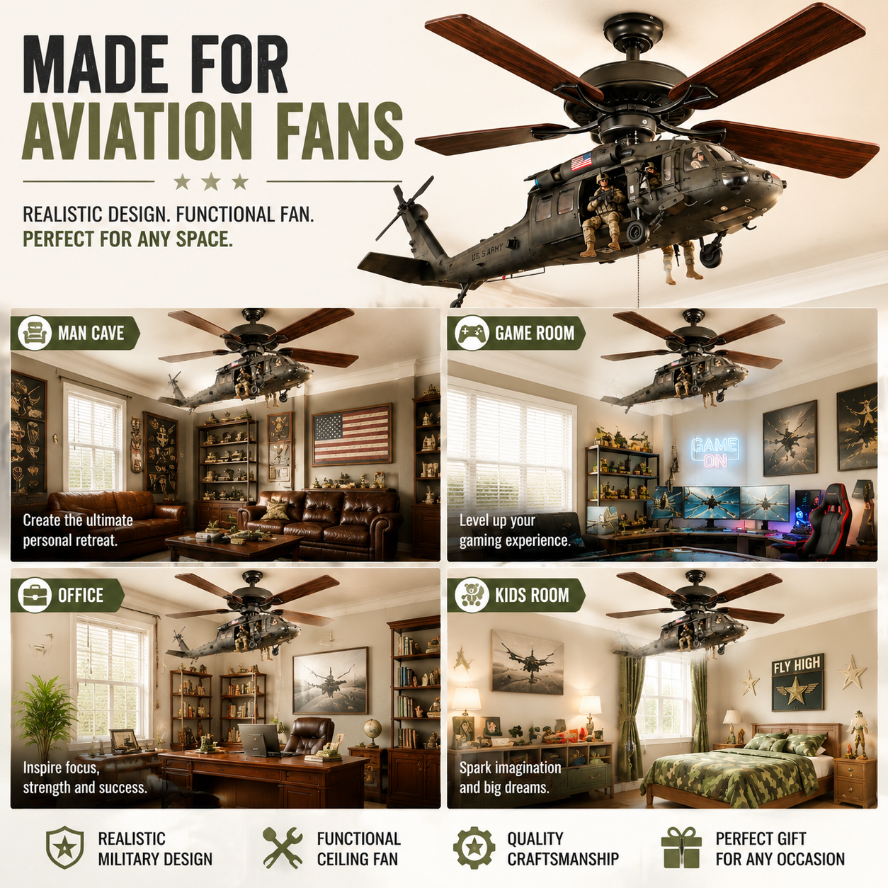 🚁 Military Helicopter Ceiling Fan Decor – Realistic Hanging Ornament for Man Cave & Home
