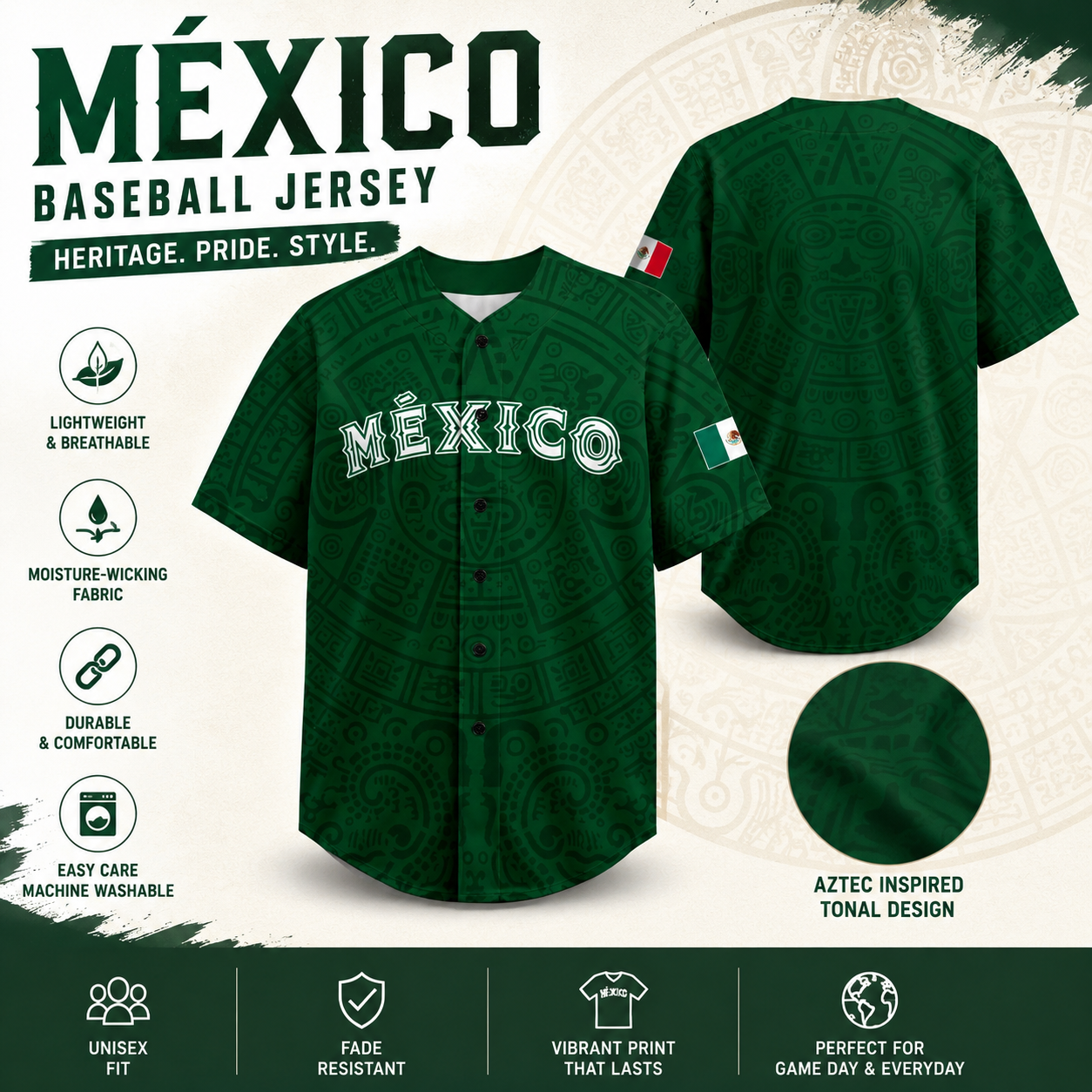 Mexico-Inspired Unisex Baseball Jersey with Aztec Pattern