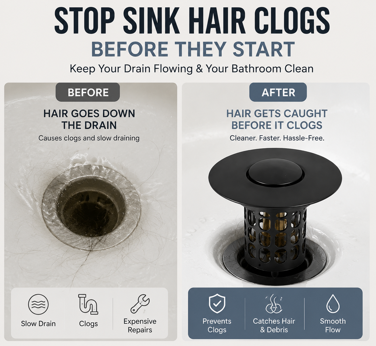 🚿 Smart Sink Drain Stopper With Hair Catcher Basket – No More Clogged Drains