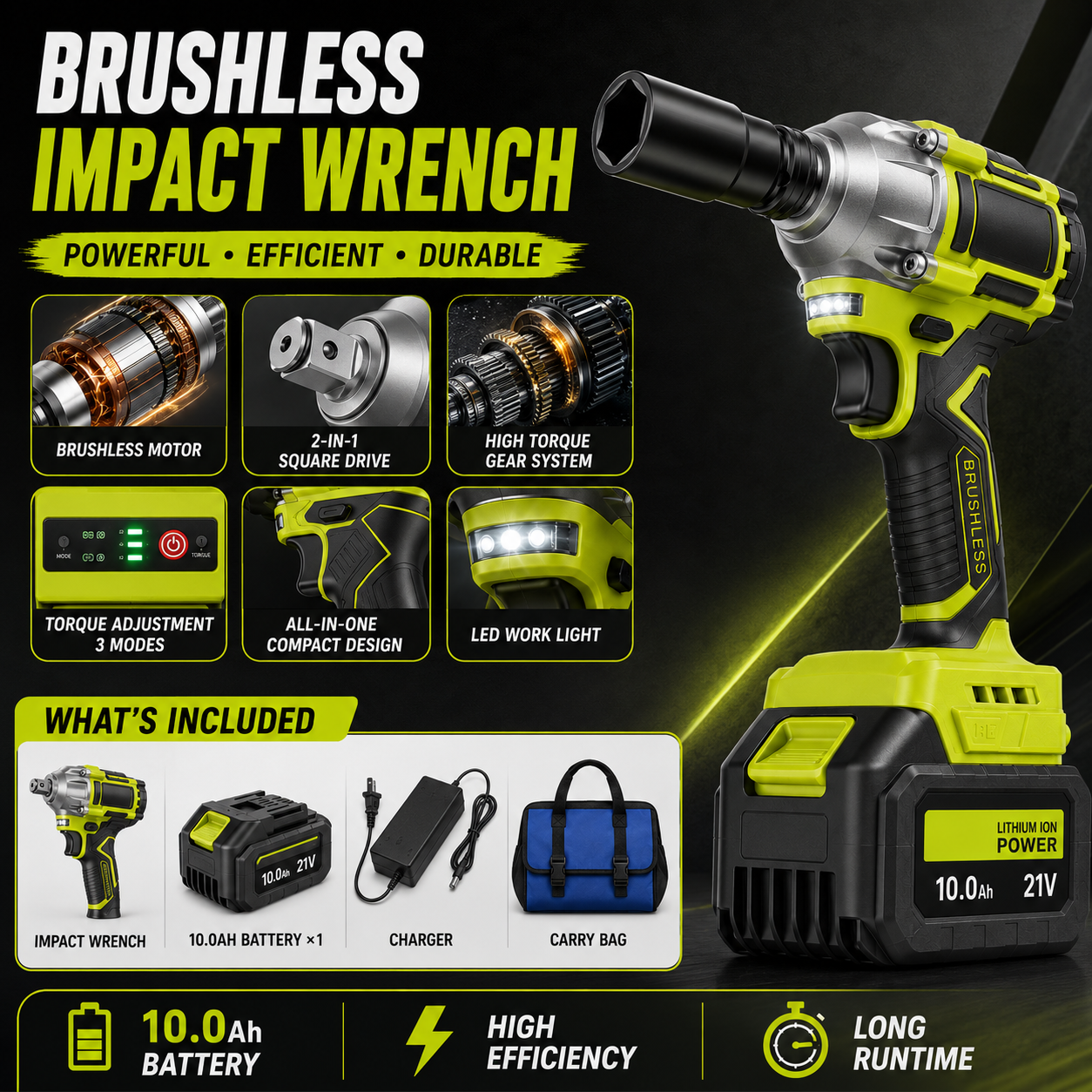 🔧 2-in-1 Brushless Cordless Impact Wrench & Drill Kit