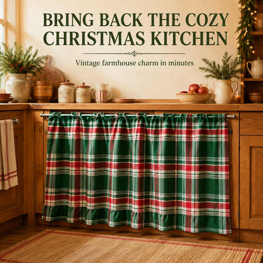 🎄 Vintage Plaid Kitchen Curtain – Cozy Farmhouse Cabinet & Stove Decor