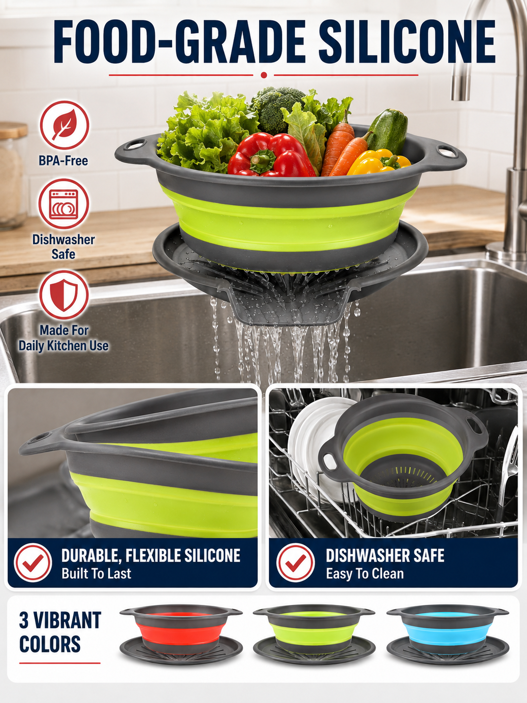 🥗💧Kitchen Colander Set ✨ Space-Saving Collapsible Strainers with Over-Sink Self-Draining Design for Easy Meal Prep